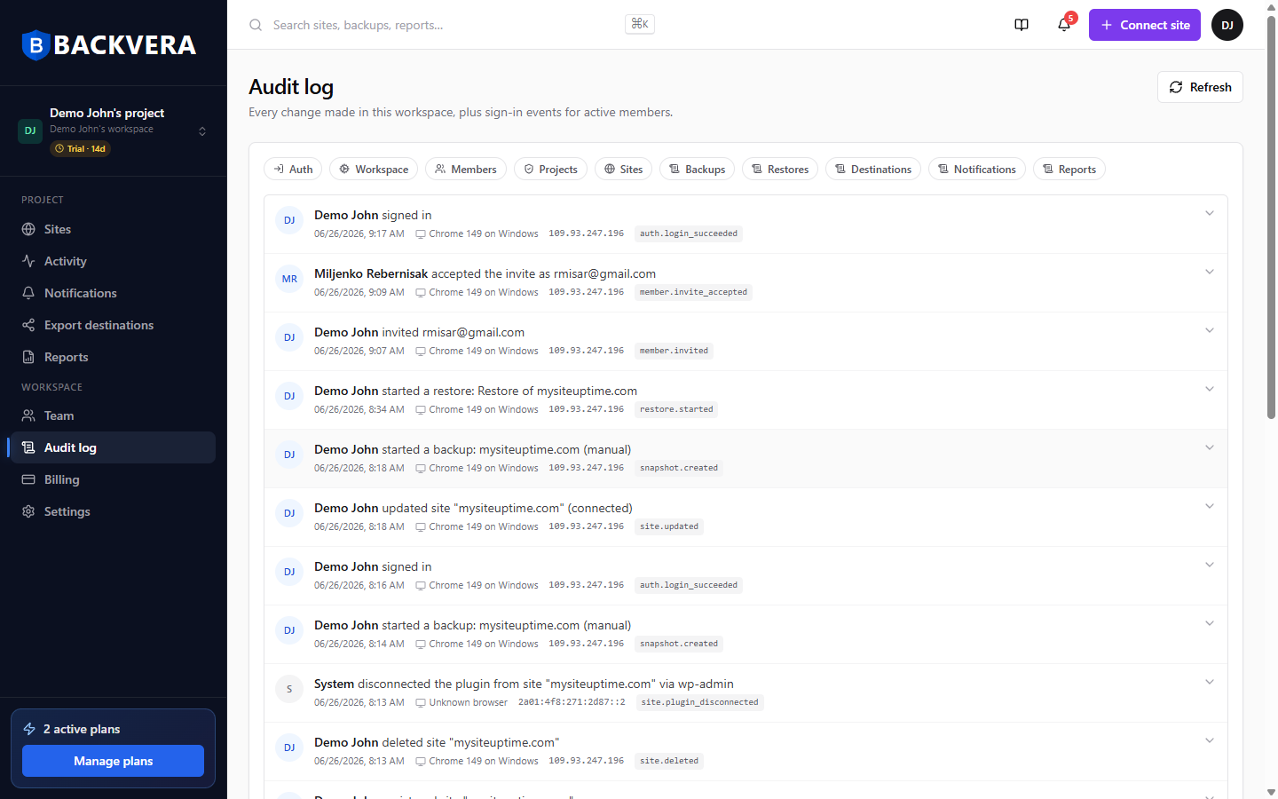 The workspace audit log, with filter chips and per-entry details