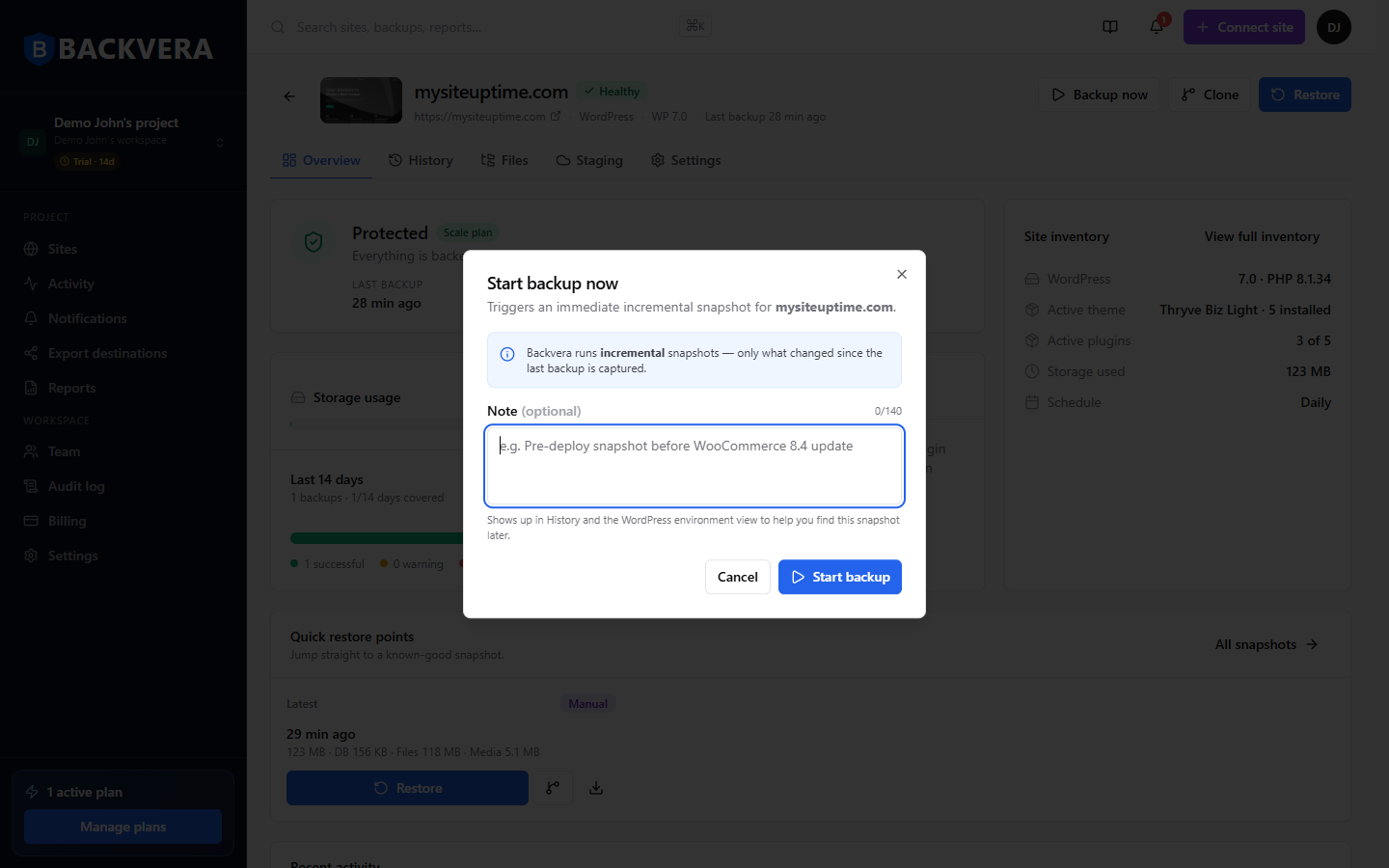 The Start backup now dialog with an optional note field