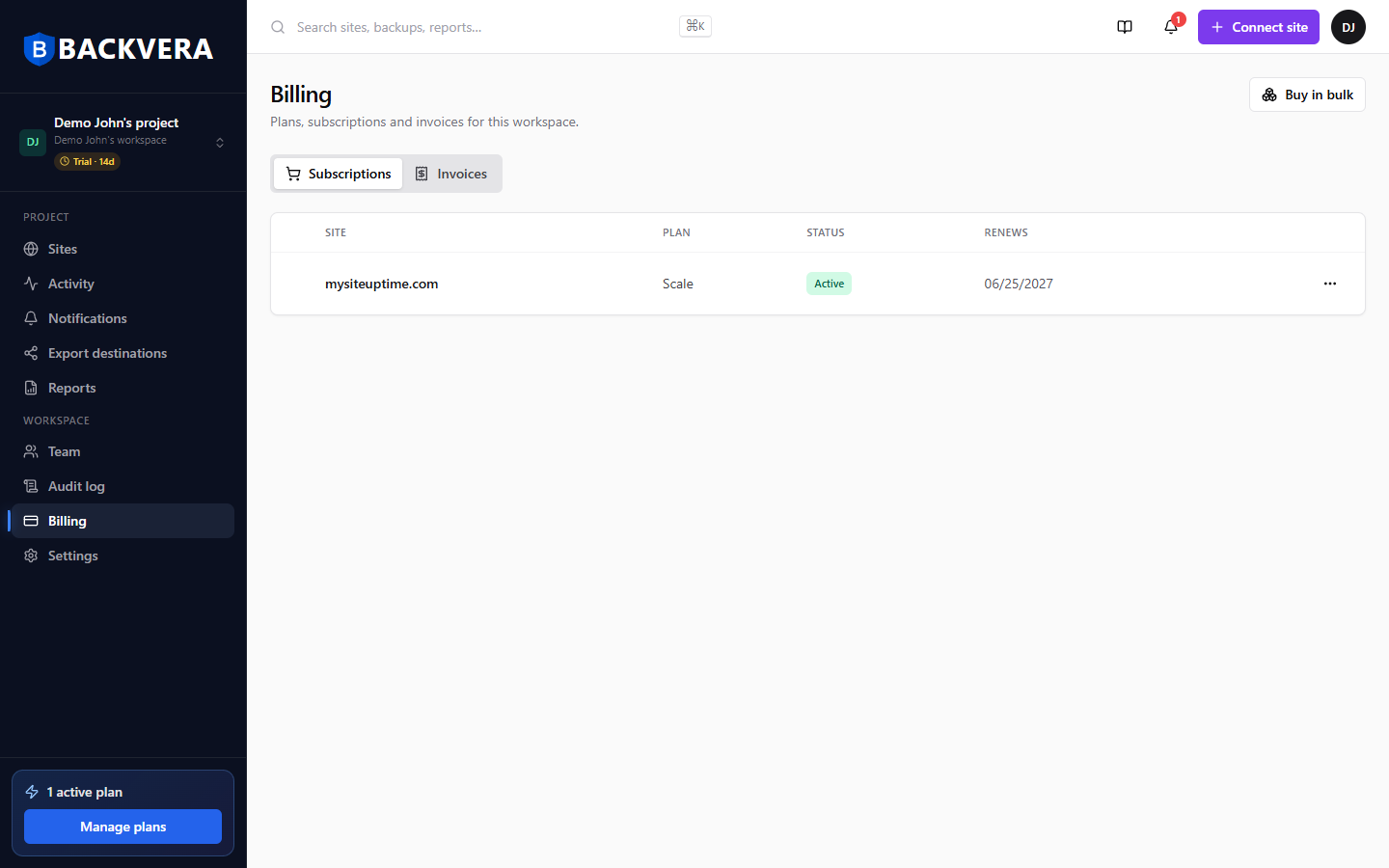 The Billing page listing each site and its plan