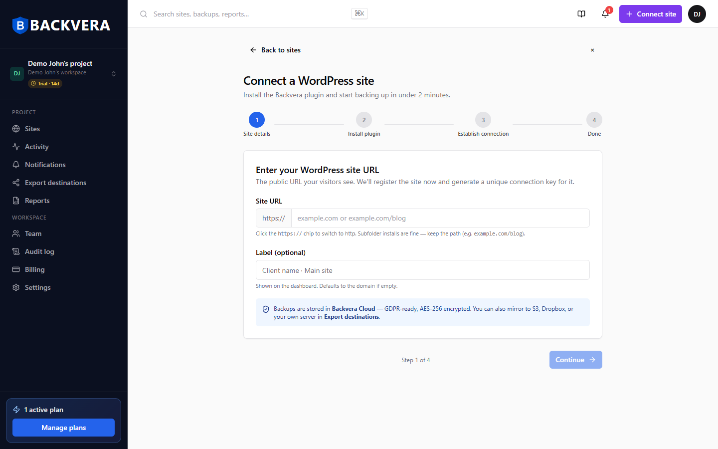 Step 1 of the Connect a WordPress site wizard