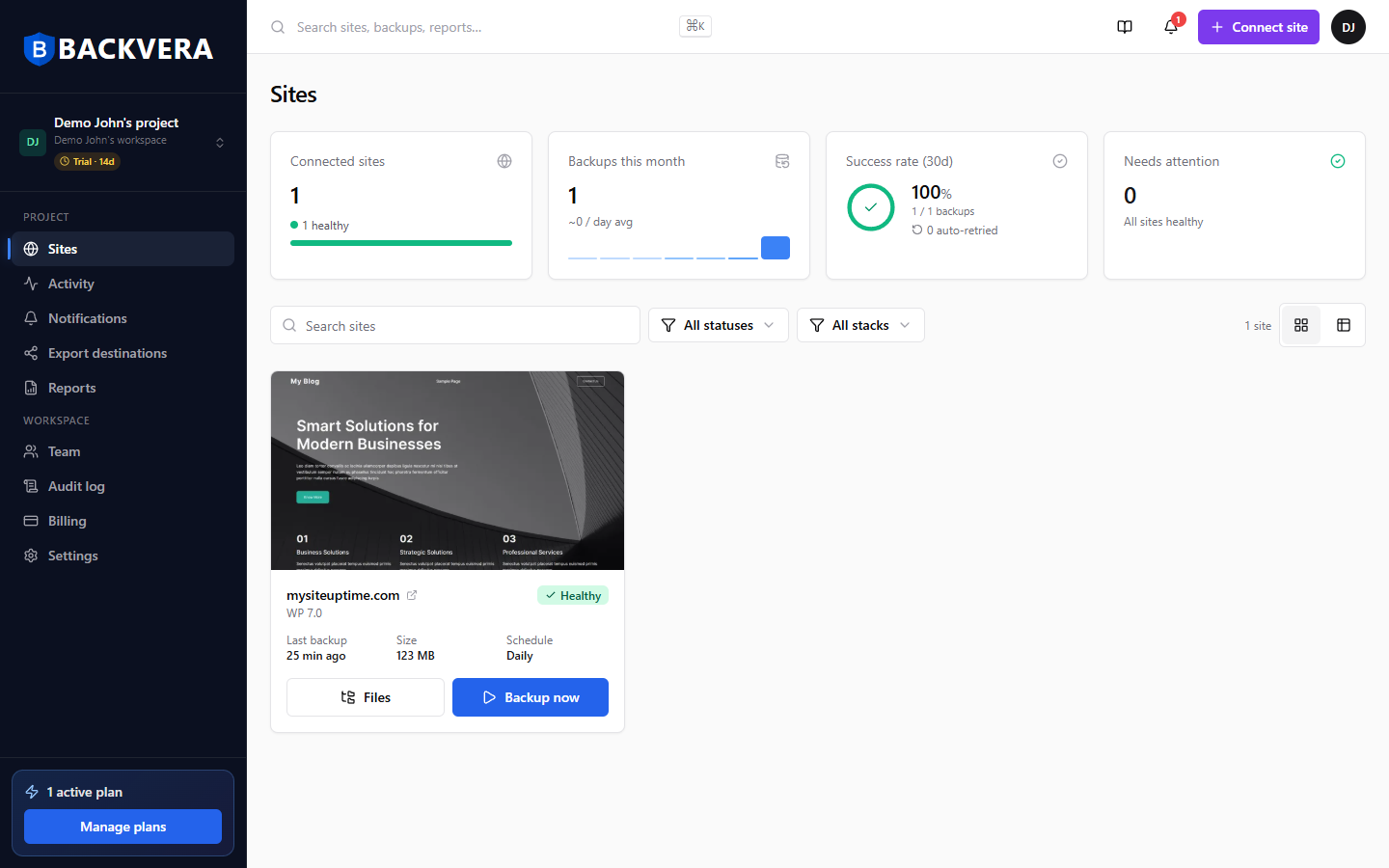 The Backvera dashboard showing one healthy connected site