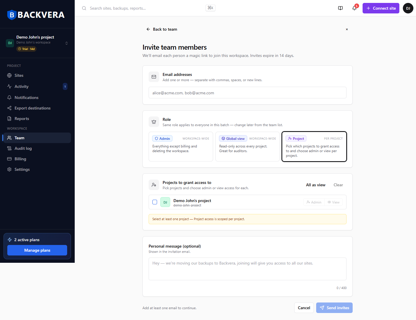 The Invite team members form, showing the Admin, Global view, and Project (per-project admin or view) roles