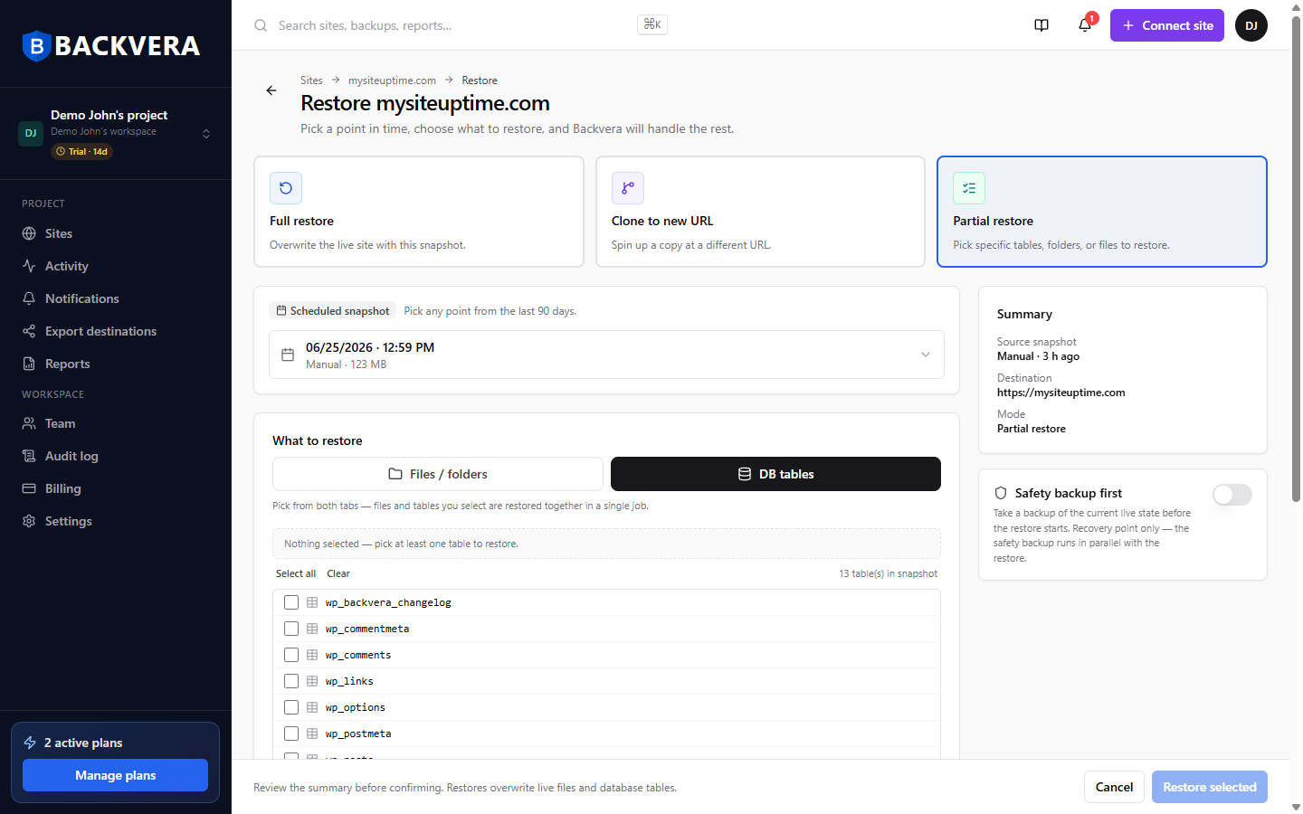 The Partial restore mode with Files / folders and DB tables tabs