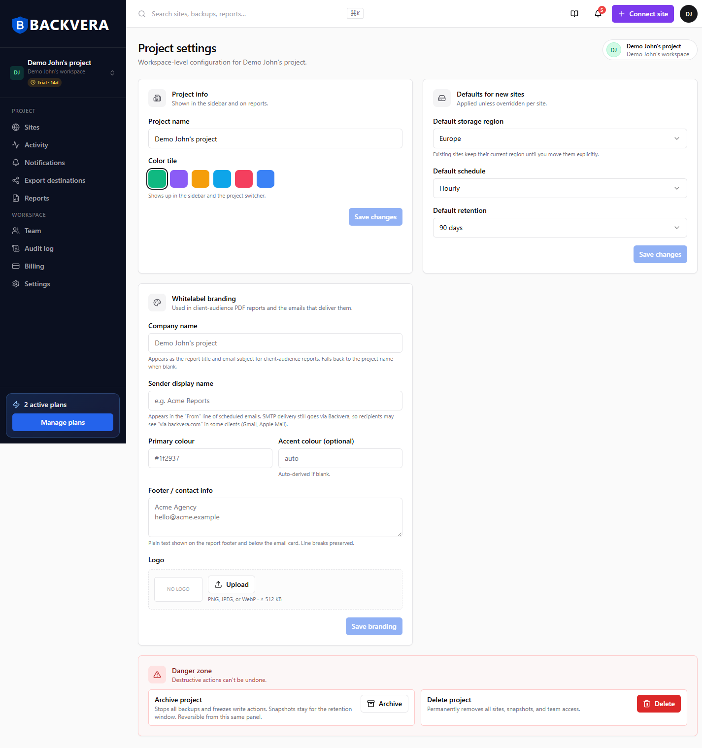 Project settings: project info, defaults for new sites, whitelabel branding, and the danger zone