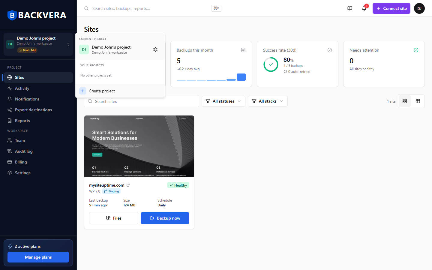 The project switcher, showing the current project, your other projects, and a Create project button
