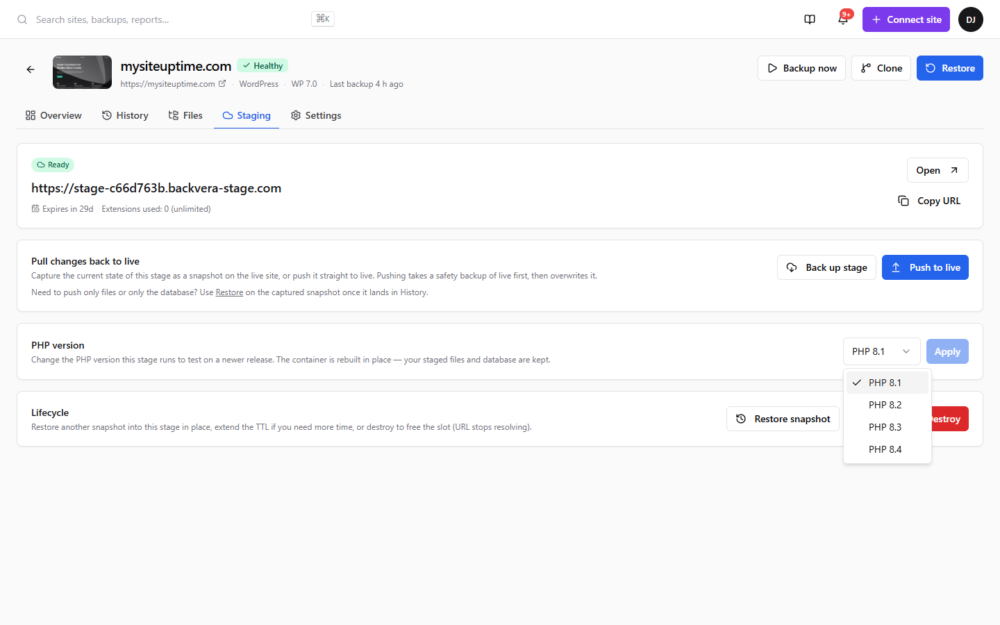 The PHP version selector on a staging environment, showing PHP 8.1, 8.2, 8.3, and 8.4