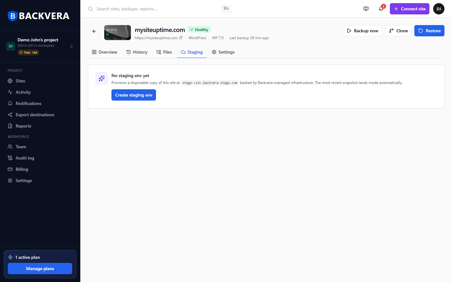 The Staging tab with a Create staging env button