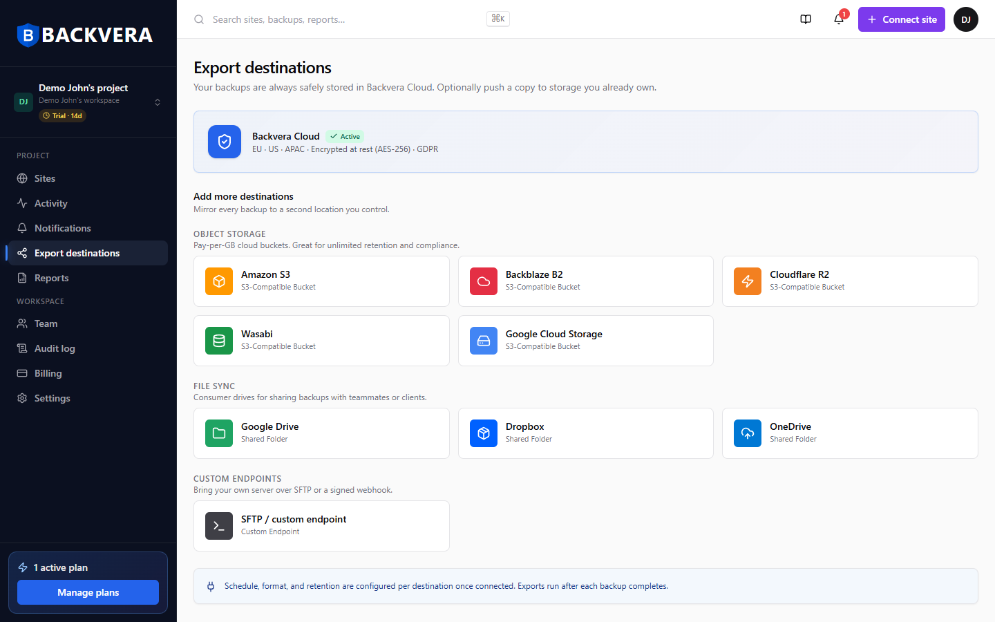 The Export destinations page listing supported providers