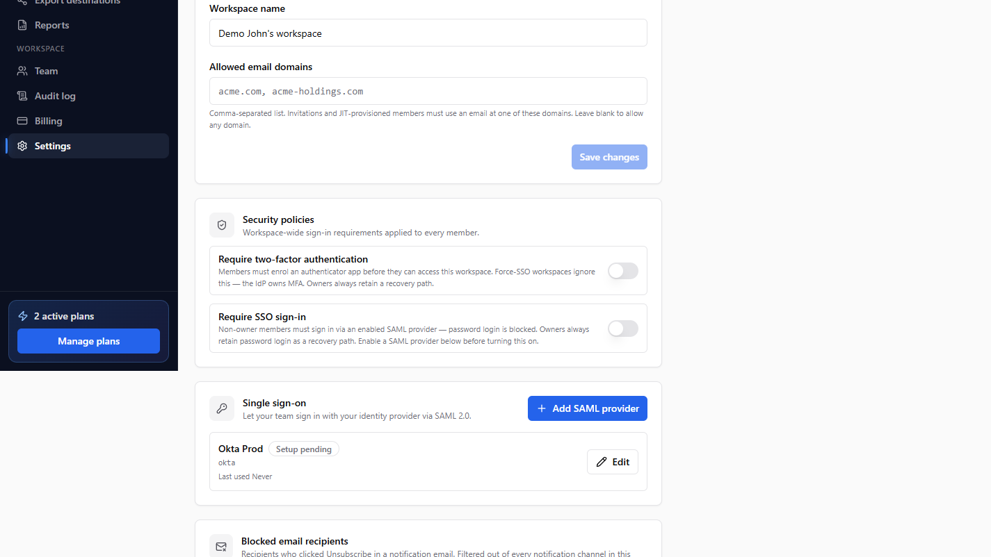 The workspace Security policies, including Require two-factor authentication