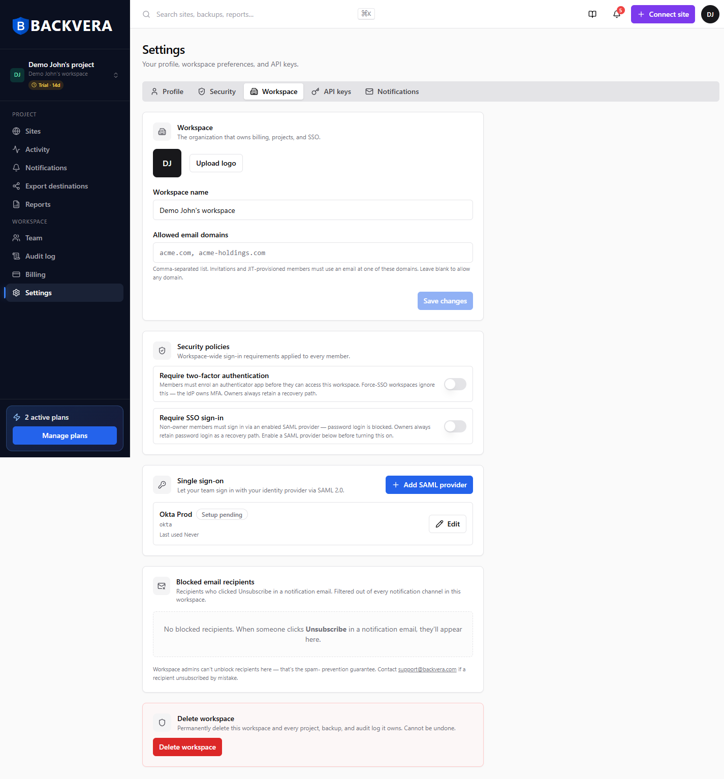 The Allowed email domains field in workspace settings